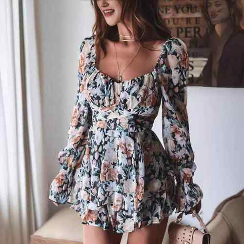 Women's floral square collar backless strap long sleeved