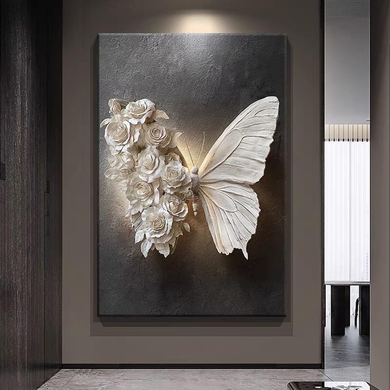 高级感黑白蝴蝶玄关装饰画浮雕立体感客厅沙发背景墙壁挂画落地画图片