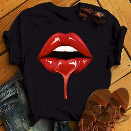 Lip Print T-shirt外贸欧美性感嘴唇印花圆领黑色T恤女士短袖