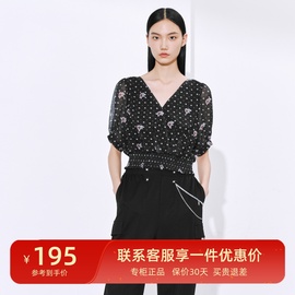 雪歌黑色波点v领短袖衬衣女2023夏新泡泡袖收腰衬衫XI221007B292