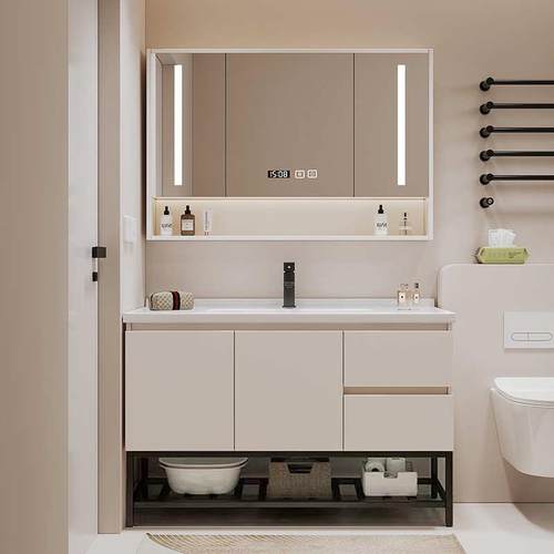 智能轻奢奶油风陶瓷一体盆实木卫生间洗手洗脸洗漱台浴室柜组合