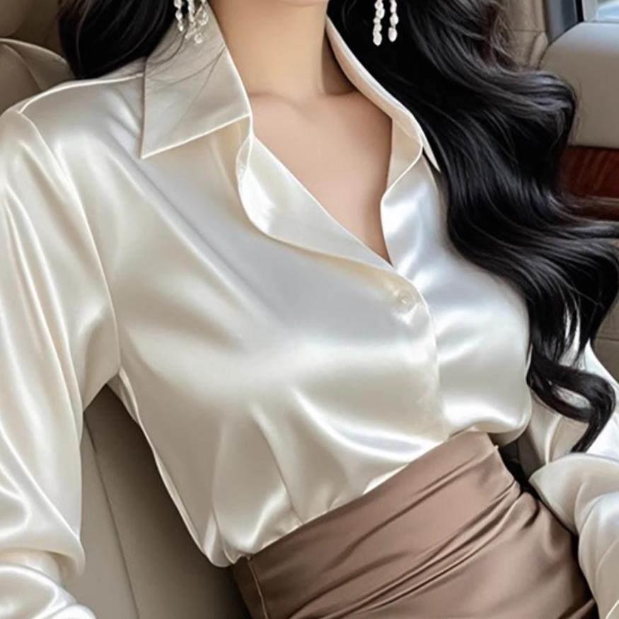 轻奢真丝2025年春秋新款高级感职业正装醋酸缎面白衬衫女长袖衬衣