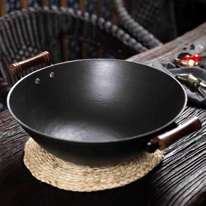 老式铁锅双耳防烫把手凹面电磁炉专用炒锅不粘锅家用圆底铸生铁锅
