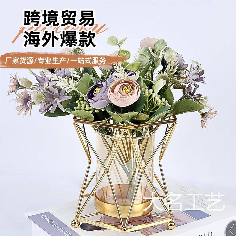 跨境铁艺玻璃花瓶插花摆件灯笼储水花瓶样板房间客厅餐桌软装饰品