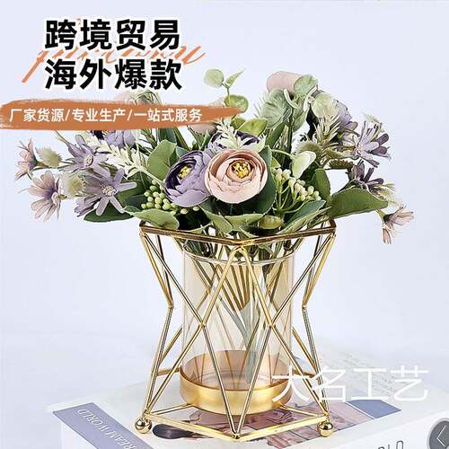 跨境铁艺玻璃花瓶插花摆件灯笼储水花瓶样板房间客厅餐桌软装饰品