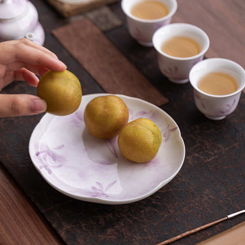 手绘暮紫兰心壶承干泡台女士高颜值陶瓷壶垫盖碗茶壶托盘中式果盘