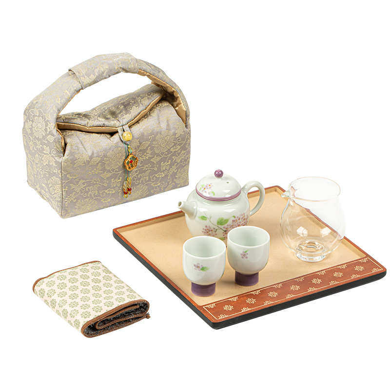 田园风手绘绣球花旅行茶具一壶两杯女士高颜值户外便携包茶具套装