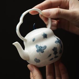 弥言釉下白瓷手绘花蝴蝶茶壶意陶瓷葫芦创玉泥—手泡青茶壶单壶带