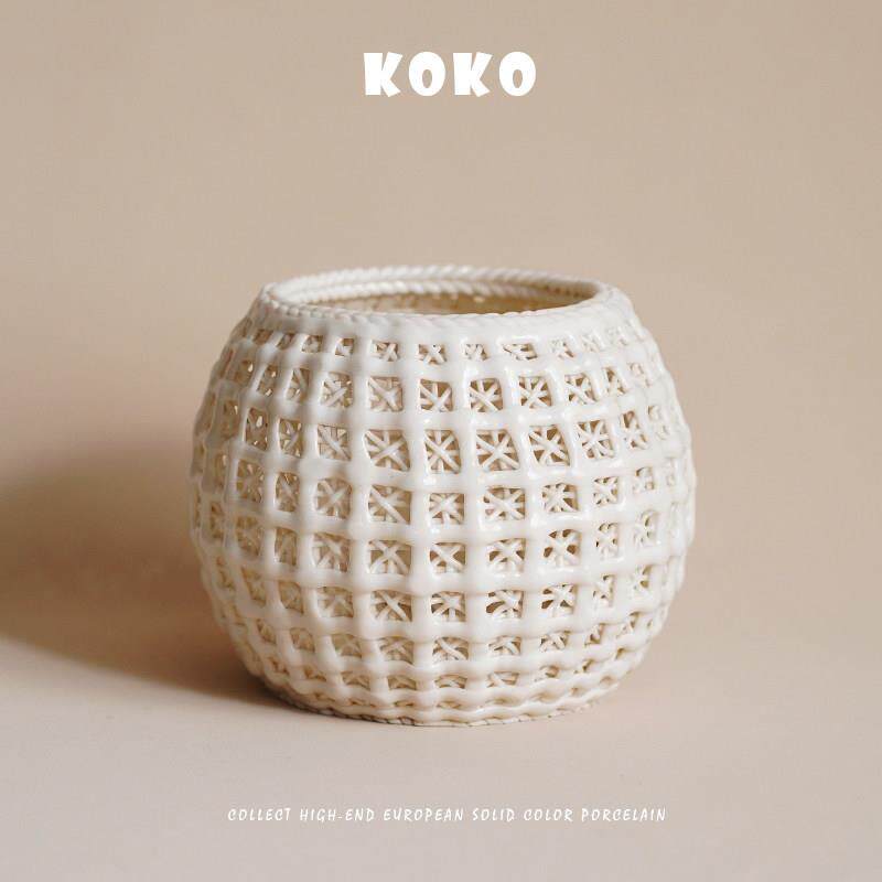KOKO出口欧式复古古玩手工编织白瓷收纳筐储物罐藤编工艺防风灯摆