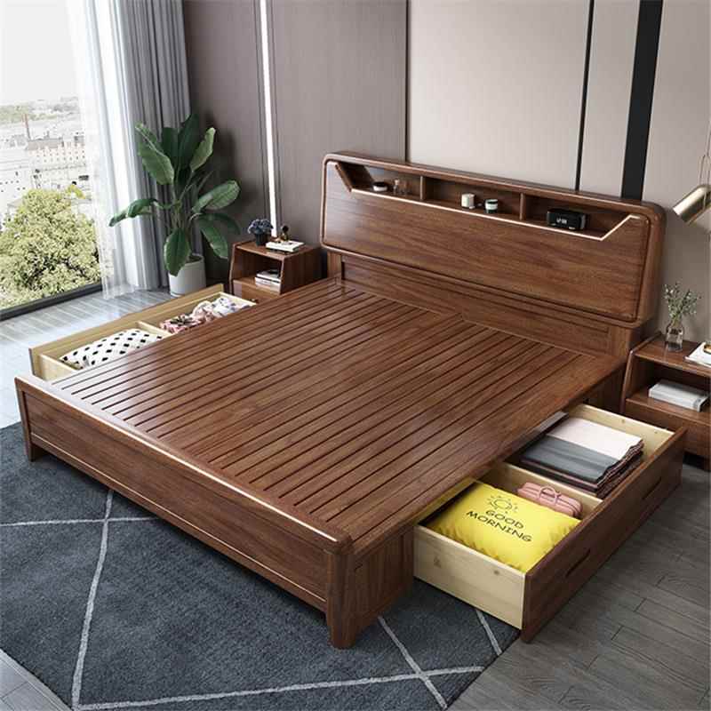实木床简约现代胡桃木双人床现代1.5米1.8米2米x2米2主卧收纳家用