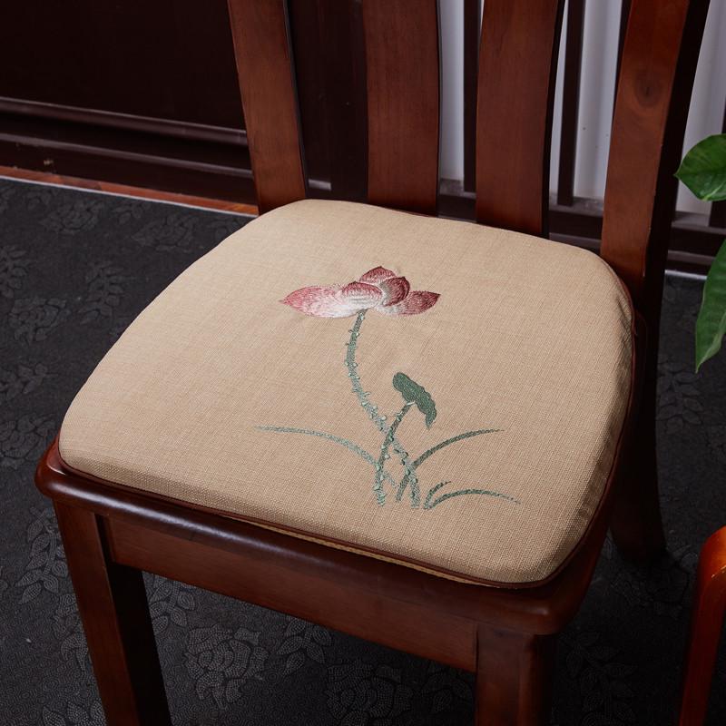 中式餐椅垫绣花棉麻可拆洗防滑绑带马蹄形坐垫家用四季通用椅坐垫
