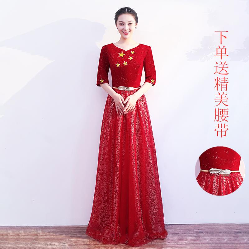 正品红歌大合唱团舞台表演出装修国庆节表演指挥主持身气质长裙服