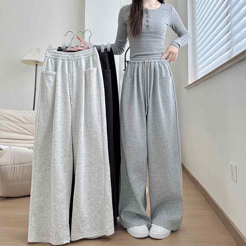 灰色美式运动裤女裤秋季女高腰慵懒阔腿裤宽松拖地休闲运动裤定制