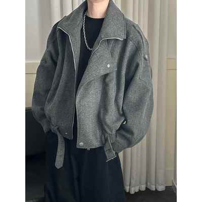 毛呢外套男秋冬季美式穿搭潮美式小众设计感灰色短款夹1218e