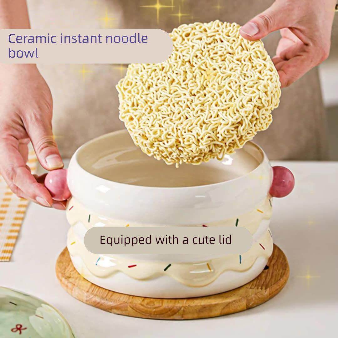 腾业可爱蛋糕泡面碗陶瓷宿舍学生带盖高颜值汤面碗大容量螺丝粉碗,餐饮具,泡面碗,淘宝优惠券,粉丝福利购,淘宝优惠卷