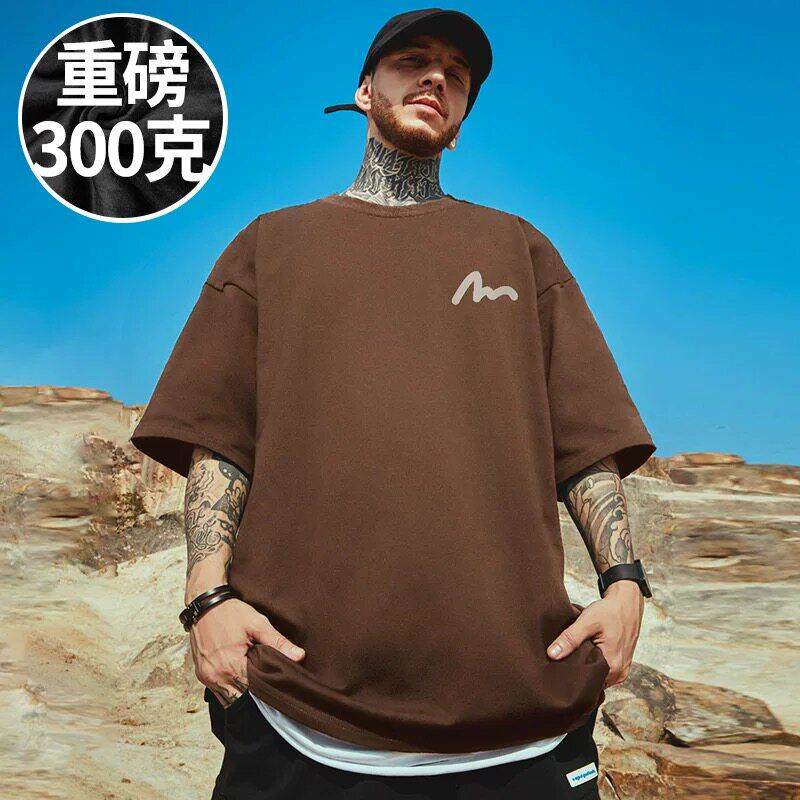 香港潮牌100%纯棉全棉重磅宽松T恤胖子短袖加肥加大半袖大尺码男