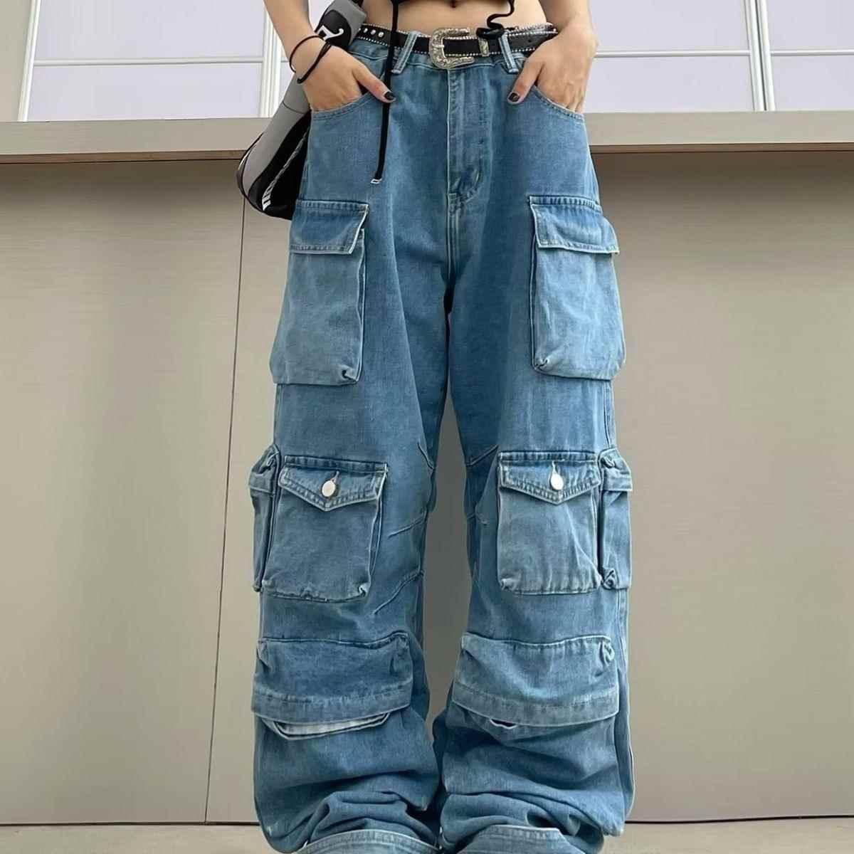 Leg High Trousers Style Wide Waist Jeans Overalls Street