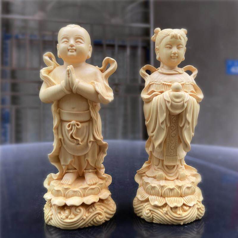 木雕金童玉女小号家用善财童子龙女摆件观音侍者佛像童男黄杨木
