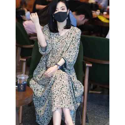 欧洲站2025新款法式收腰系带长裙子遮肚子显瘦绿色碎花连衣裙女夏