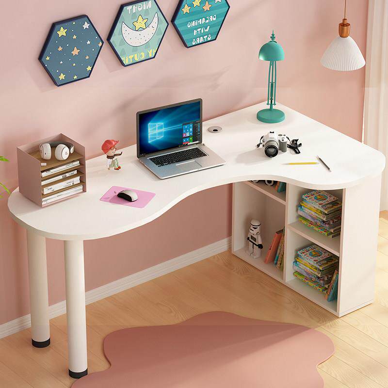 北欧现代转角学习桌台式电脑桌带书架柜组合书桌诊疗桌弧形办公桌