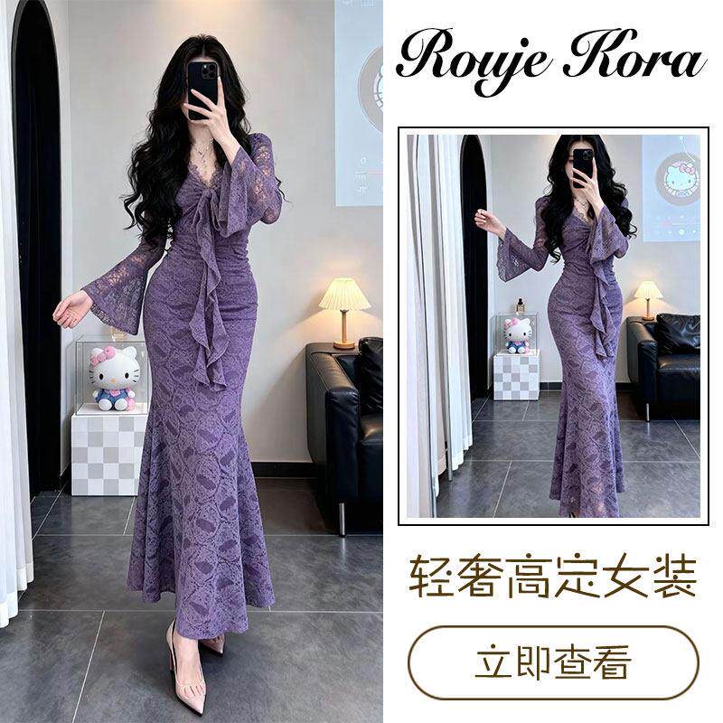 Rouje Kora法式名媛蕾丝连衣裙女士春季高级感修身显瘦包臀鱼尾裙