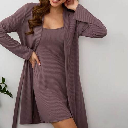 Elegant Two-Piece Set Solid Color Knit Bathrobe & Belted