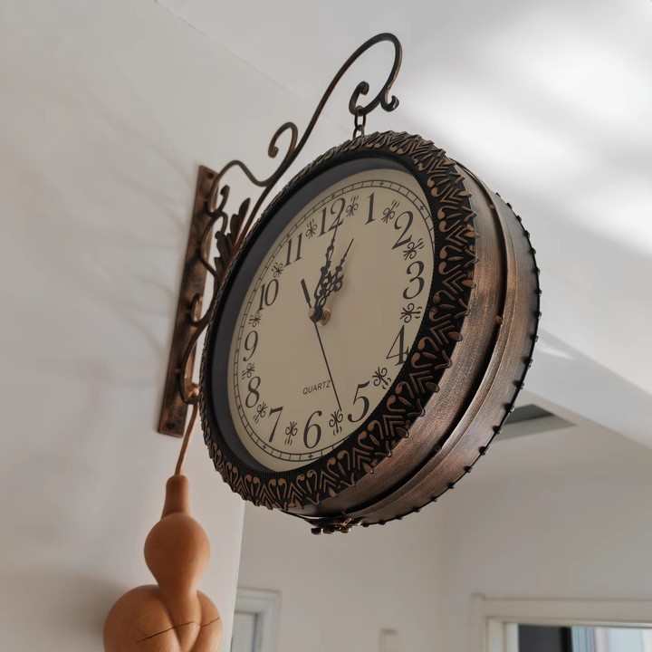家用复古金属双面挂钟静音机芯仿古铁艺面钟表厂家批发