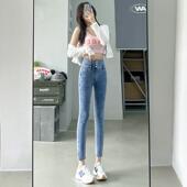 三粒扣超高腰牛仔小脚裤 收腹提臀紧身九分铅笔裤 女冬新款 弹力修身