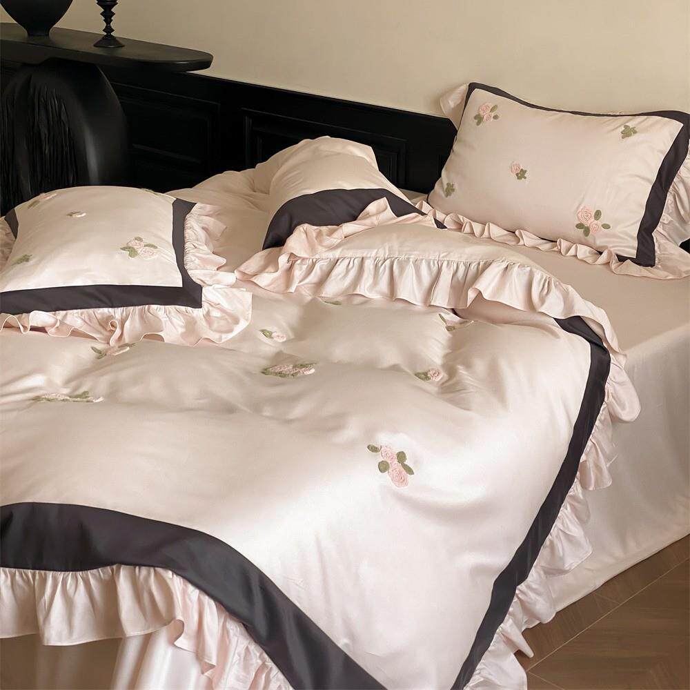 纯棉陶瓷磨毛四件套少女心花卉毛巾绣加厚法式花边被套床品