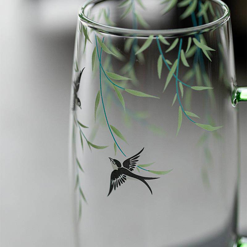 瑞璃高颜值绿茶杯透明玻璃花茶杯耐高温高硼硅手把喝水杯子