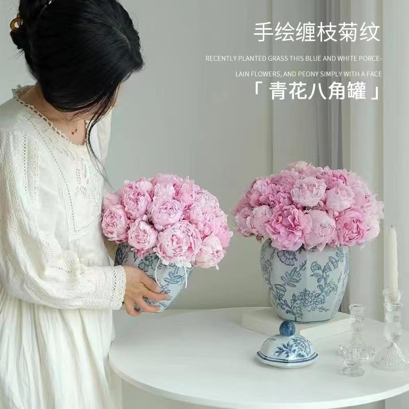 陶瓷花瓶景德镇青花瓷手绘缠枝花纹八角将军罐客厅仿古陶瓷摆件