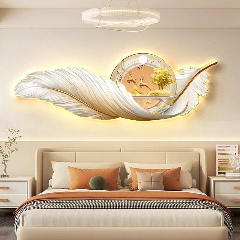 led带灯发光羽毛卧室装饰画现代轻奢主卧房间床头高级感氛围灯画
