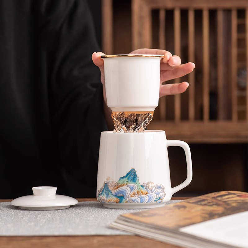 泡茶羊脂玉水墨带瓷手礼茶叶罐伴会议家用纪念水杯杯办公活动公司