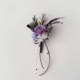 想象STUDIO紫色新郎胸花新娘手腕花永生花戒指花高级伴郎胸花