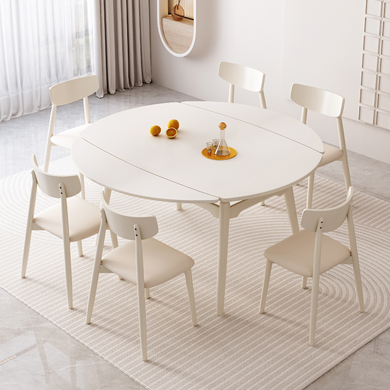 岩板餐桌家用轻奢现代简约可伸缩圆桌小户型折叠奶油风白色饭桌椅