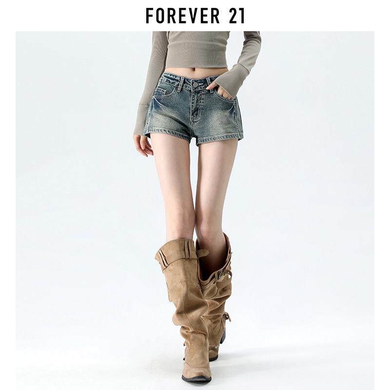 Forever 21美式辣妹复古蓝色牛仔短裤女夏新款低腰修身显瘦热裤子