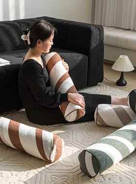 条纹糖果抱枕 法式中古客厅绿色棕色圆柱形靠垫腰枕异形装饰枕