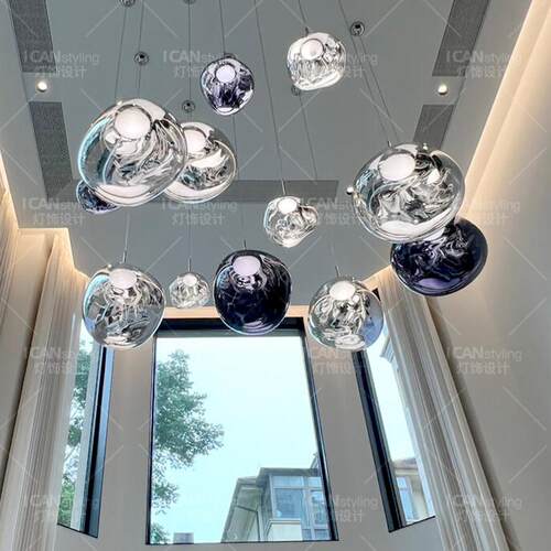 loft覆式楼梯间熔岩吊灯大别墅挑高客厅长线 线灯设计师挑空公寓