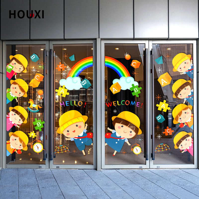 卡通彩虹小朋友推拉门贴纸双语学校儿童艺术中心欢迎广告贴画装饰