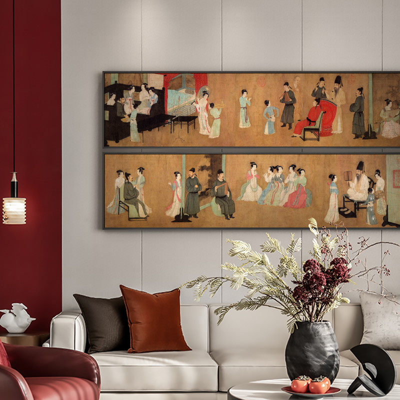 新中式横幅客厅沙发背景墙装饰画酒F店软装茶室挂画韩熙载夜宴图