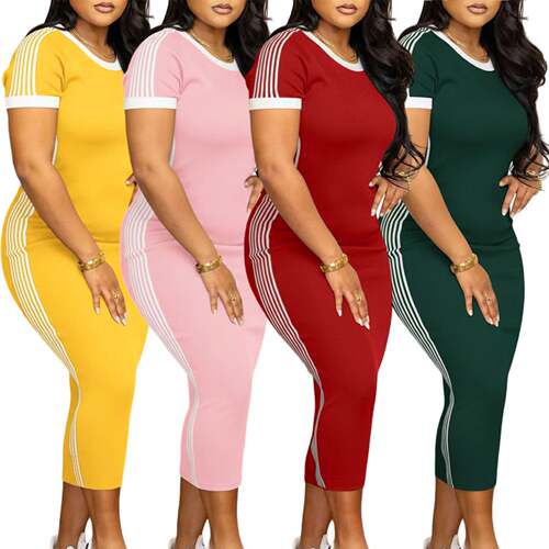 Women's Striped Dress Casual Fashion Round Neck Short