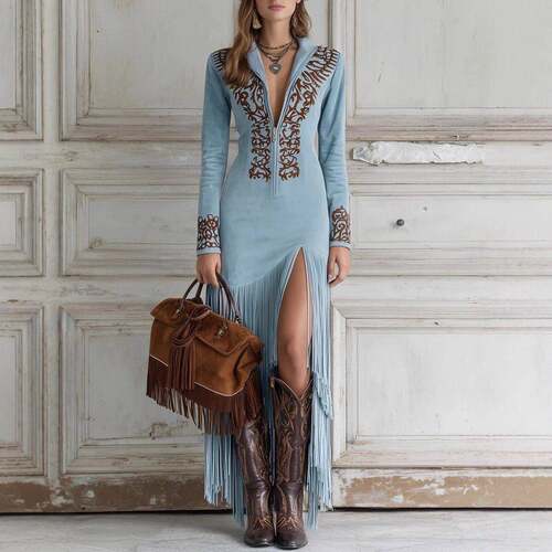 Tassel floral zipper dress long skirt