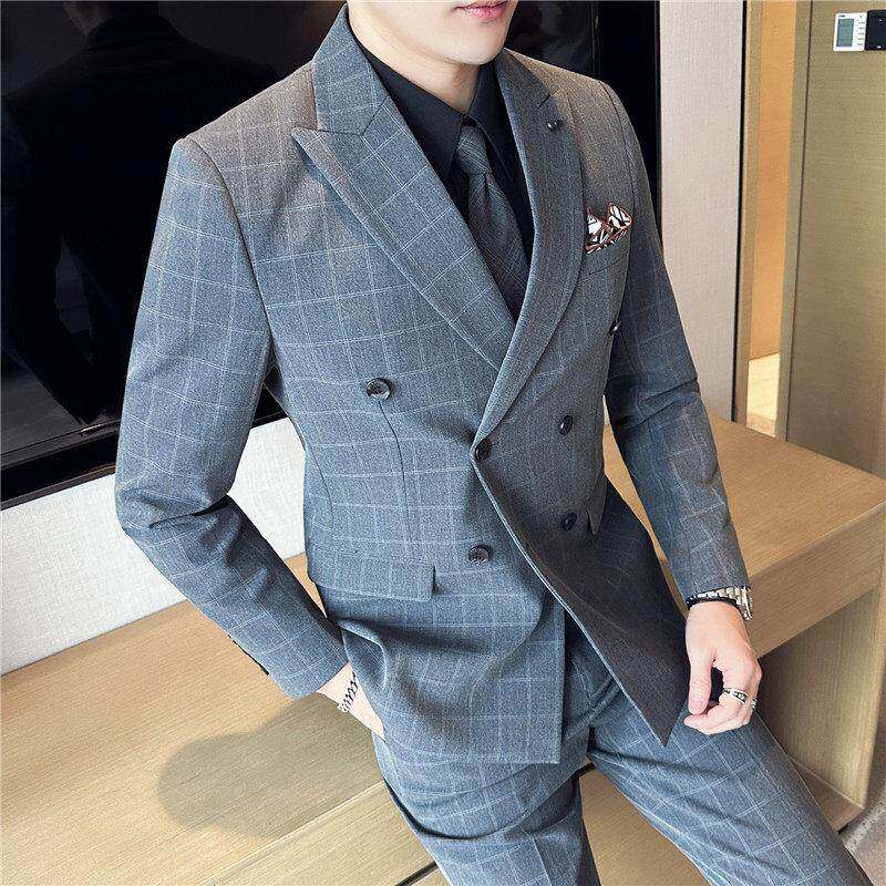高端双排扣格子西服套装男修身帅气上班服新郎结婚休闲西装三件套