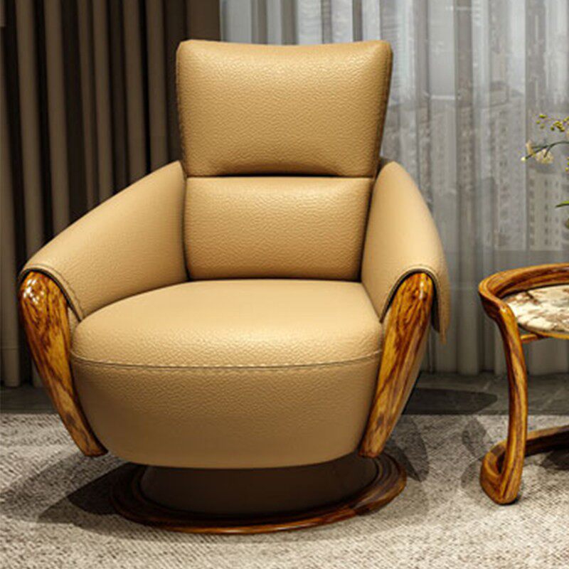 真皮休闲椅新中式实木头层牛皮现代简约设计师单人沙发椅乌金木椅