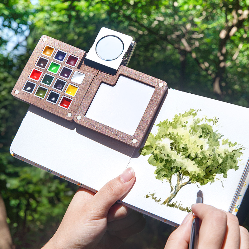 史明克迷你水彩颜料盒和小本子15色国风木盒小画板迷你画画本套装