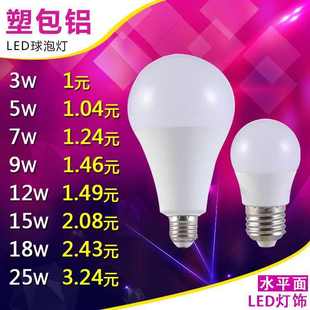 水平面灯饰厂家直销led灯泡e27螺口家用节能照明灯塑包铝球泡批发