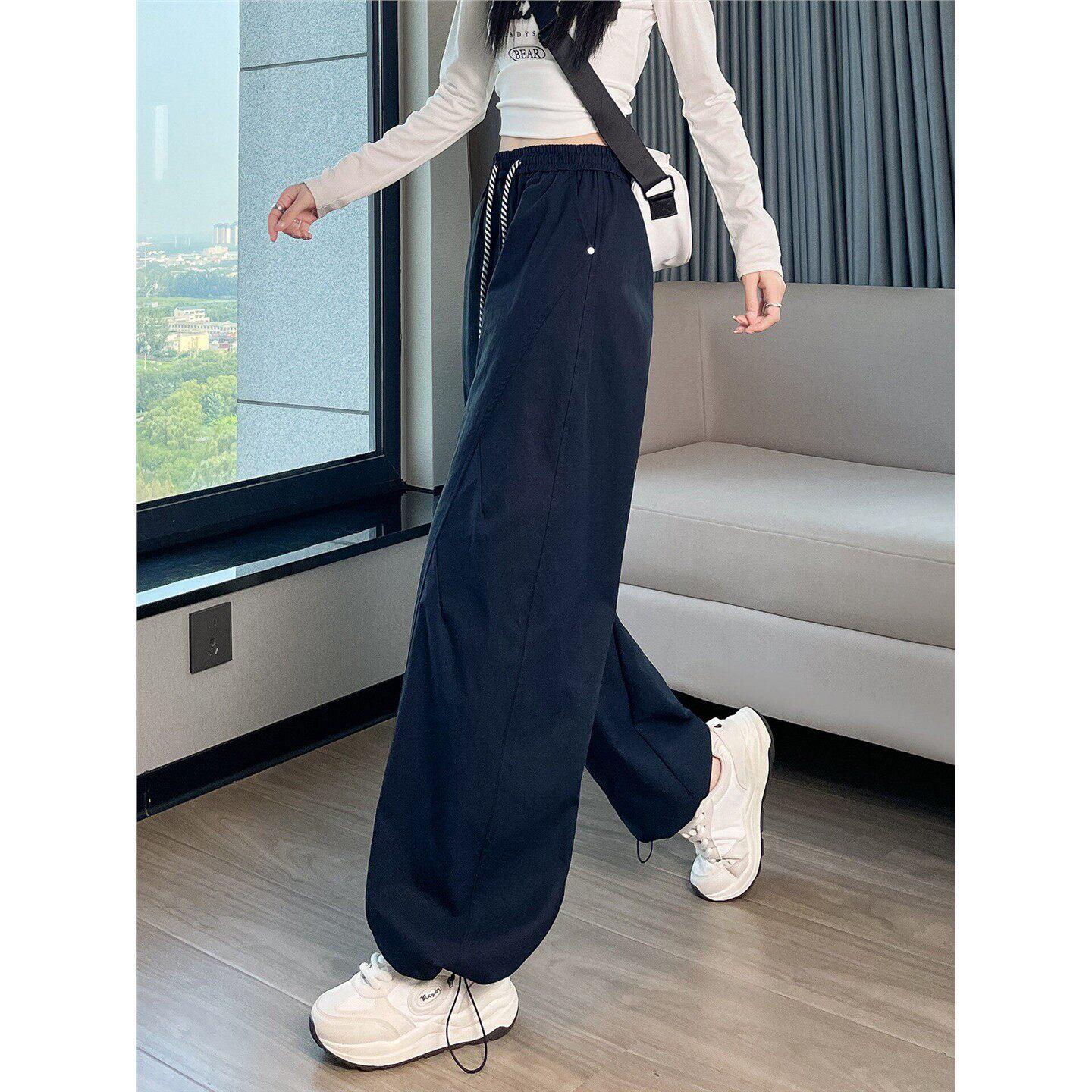ADIFCMM藏蓝色工装阔腿裤女高腰秋春宽松登山美式显瘦拖地裤