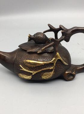 古玩铜器收藏鎏金铜壶摆件 仿古铜树杈铜壶 家居工艺品摆设