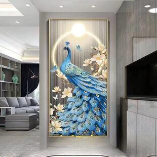现代极简主义入口客厅入口装饰画富禄竖版背景墙壁画走廊过道孔雀
