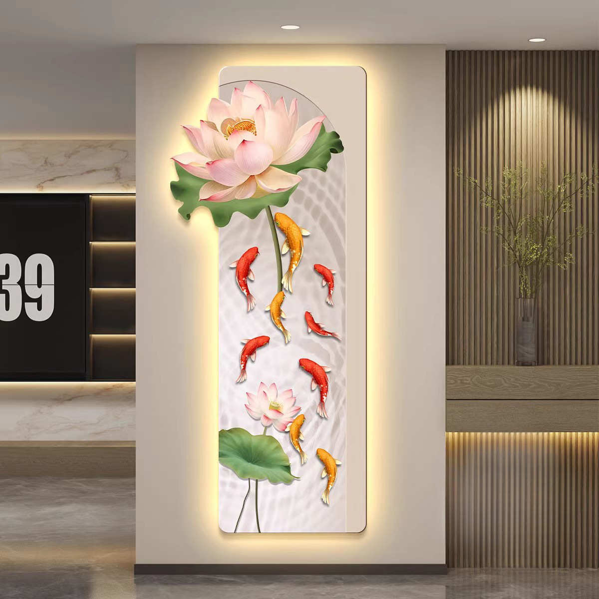 led带灯轻奢入户玄关装饰画走廊过道挂画壁画简约现代九鱼图荷花